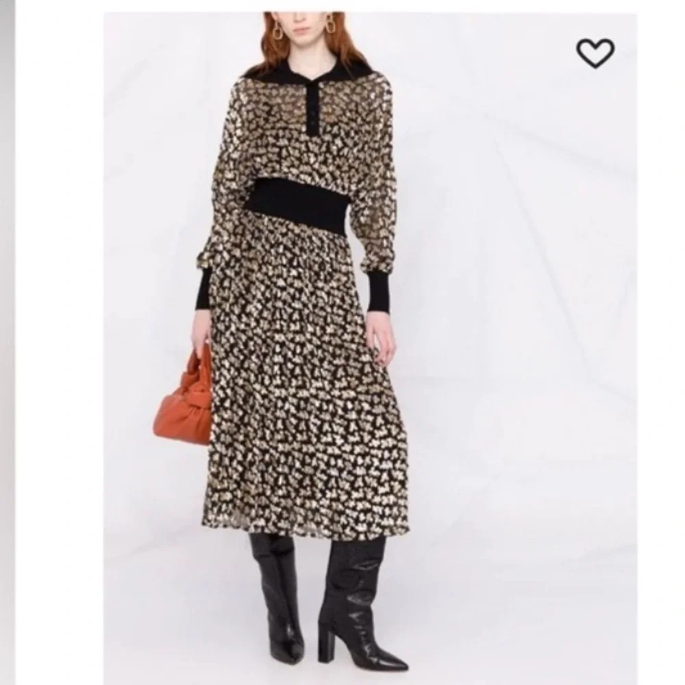 VOGUE MAGAZINE Tory Burch velvet devore midi dress black 12 gold leaves
